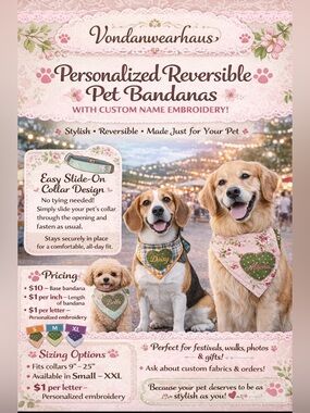 Hand Crafted Personalized Reversible Pet Bandana
